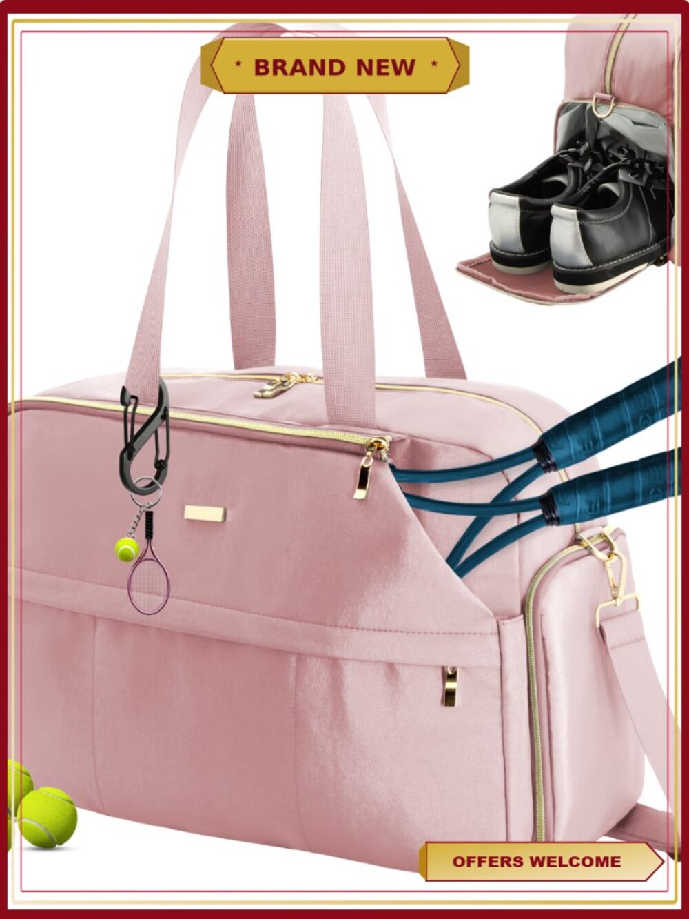 Large Tennis Bag for Women Fits 2 Racquets Pickleball Gym Sports Tote